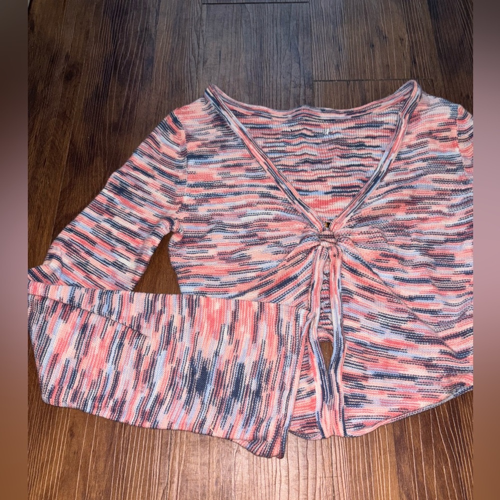 American Eagle Outfitters Pink and Blue Tie-Front Long Sleeve Top